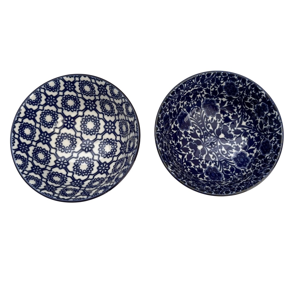 Patina Vie Blue White Ceramic Bowls Set of 2 Boho Floral Geometric 5.5 Inch